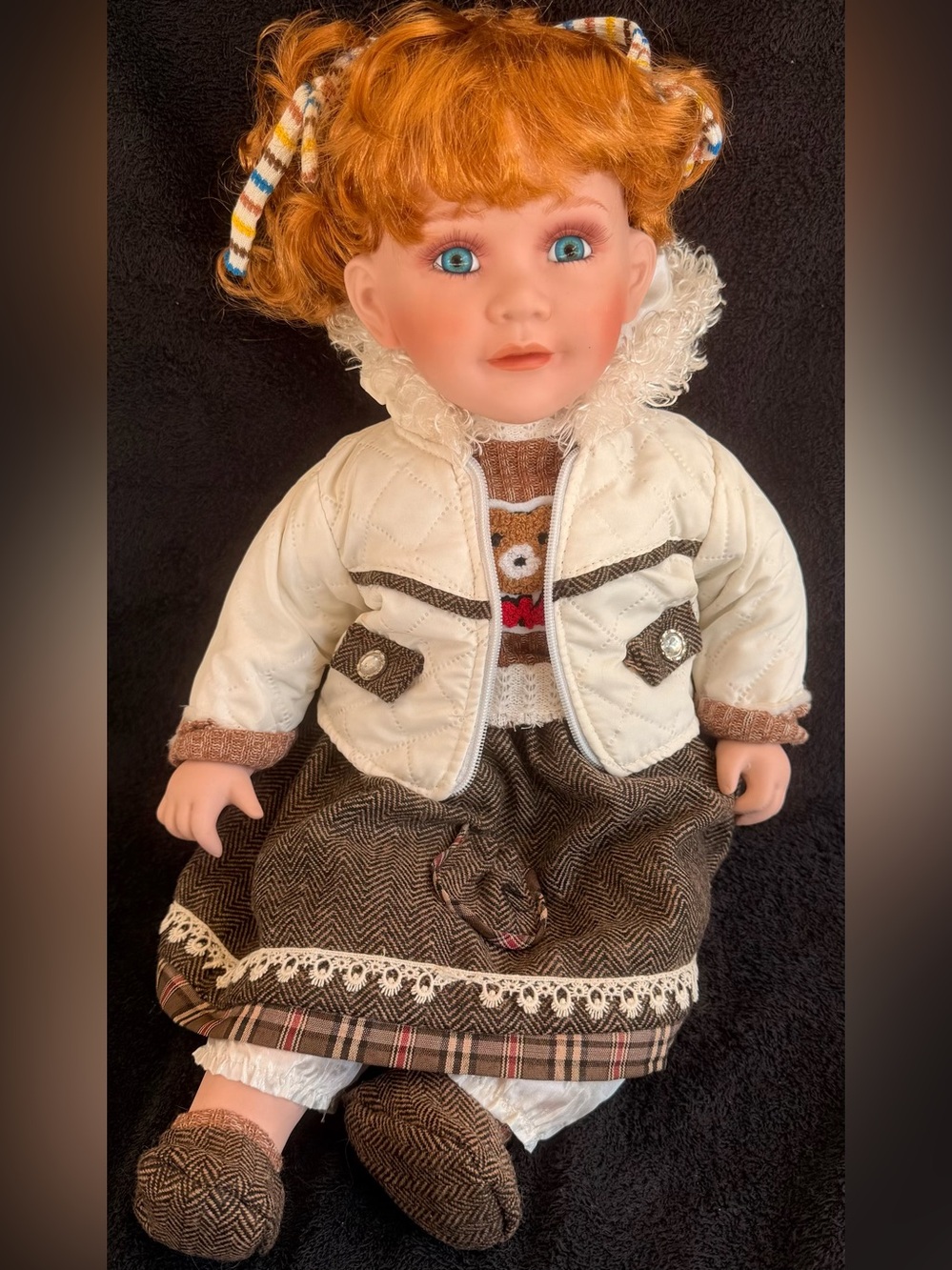 Kids Fashion Doll in Cream Jacket and Brown Dress